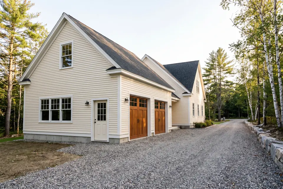 Illustration: A newly constructed, light-colored residential garage with two wooden doors and a gravel driveway, attached to a house, surrounded by trees