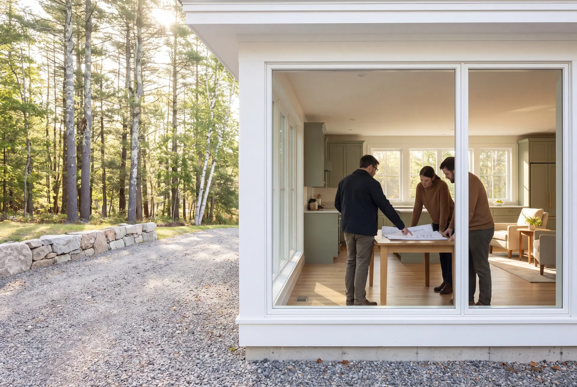 Illustration: Three people, a builder and two homeowners, review architectural drawings on a table in a finished living room with sage green cabinets and oak floors, viewed through a large window from outside