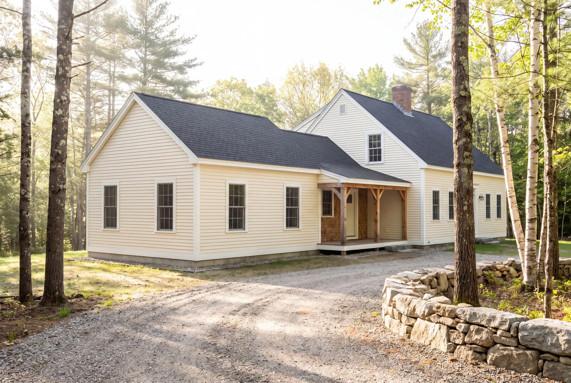 Illustration: A light yellow clapboard house with a dark gray roof and a natural wood covered porch, surrounded by trees and a gravel driveway