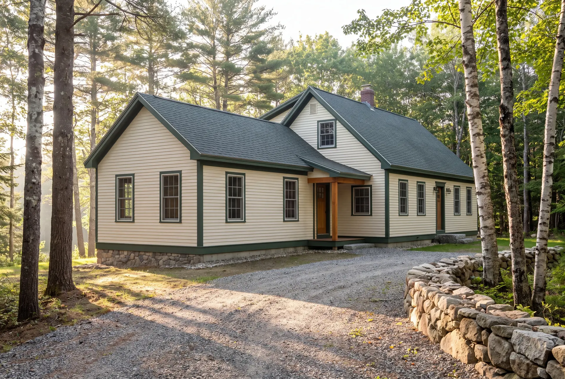 Illustration: A two-story cottage with a single-story addition, both with ivory siding and green trim, surrounded by trees and a gravel driveway