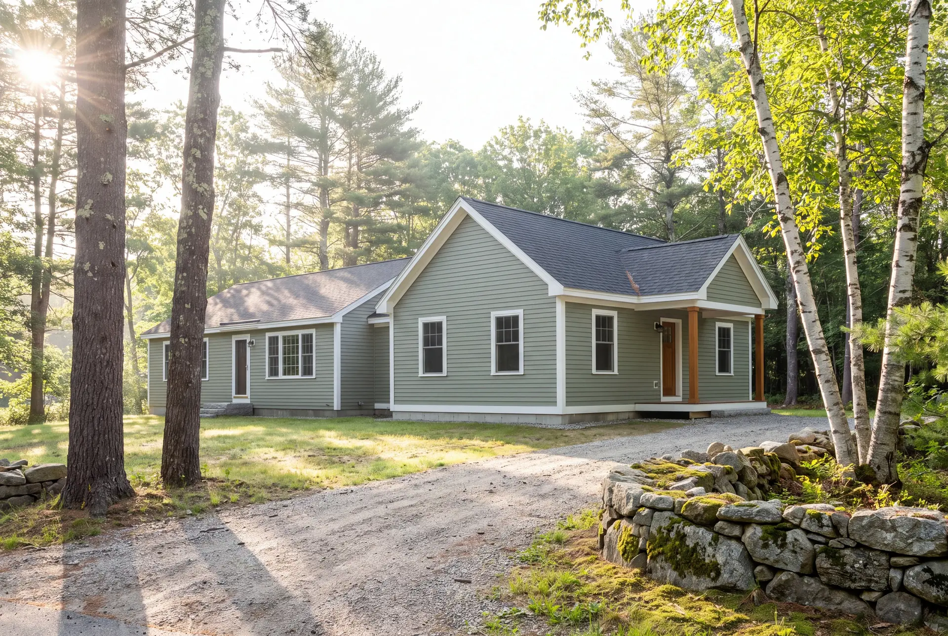 Illustration: A sage green single-story house with a dark roof and white trim, featuring a covered porch with wooden posts, is nestled among trees with a gravel driveway and stone wall in the foreground