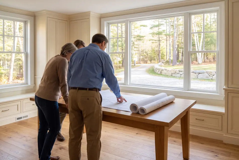 Illustration: Three people, a man and two women, stand around a wooden table in a bright room, looking at architectural drawings. The man points to the drawings. The room has large windows overlooking a treed landscape