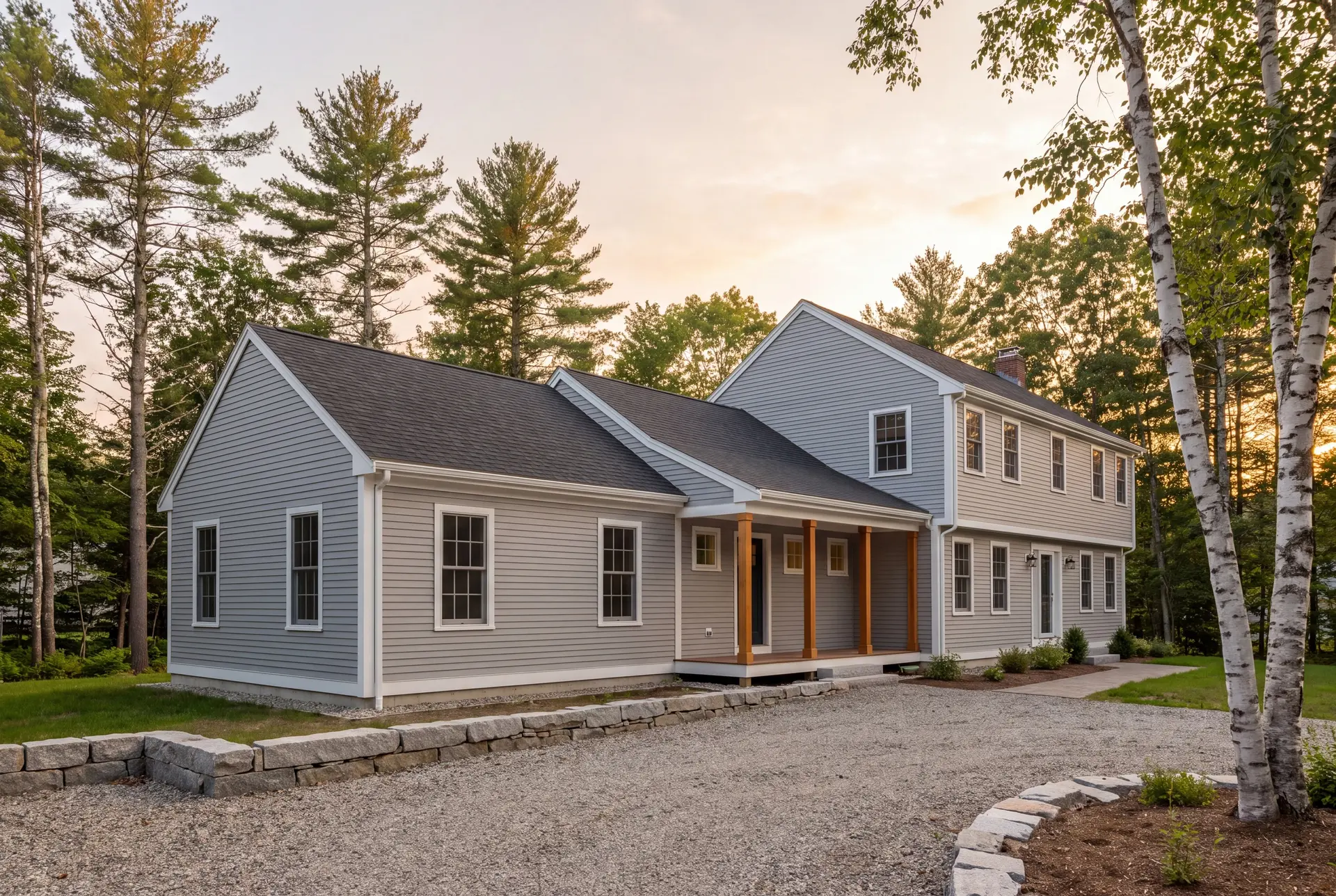 Illustration: A gray single-story house addition connected to a two-story gray Colonial house, with a gravel driveway and trees under a sunset sky