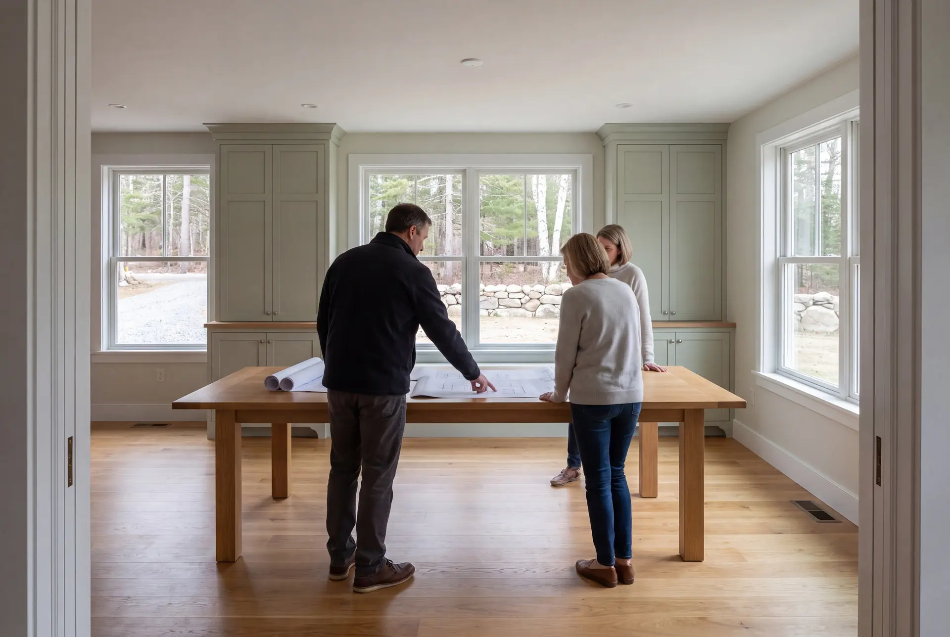 Illustration: Three people, a man and two women, stand around a wooden table in a bright room with sage green cabinets and oak floors, looking at architectural drawings