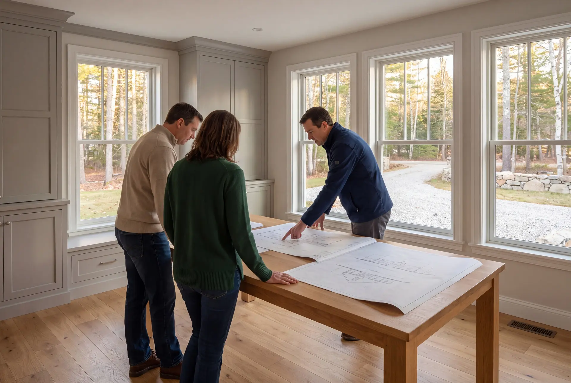 Illustration: Three people, a builder and two homeowners, reviewing architectural drawings on an oak table in a finished living room with gray cabinets, white windows, and oak floors