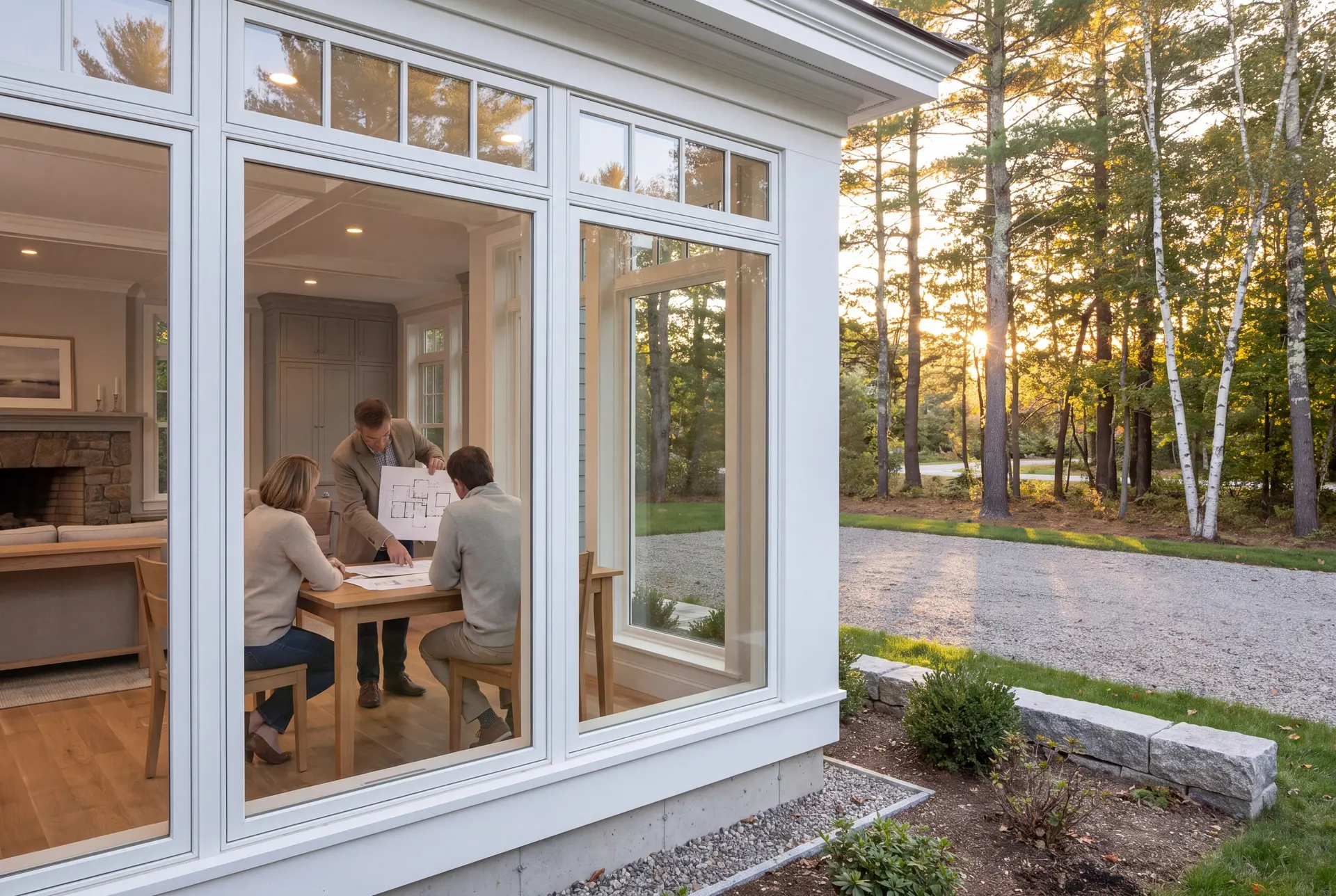 Illustration: Three adults, a builder and two homeowners, review floor plans on an oak table in a finished living room with gray cabinetry and oak floors, viewed through large windows from outside