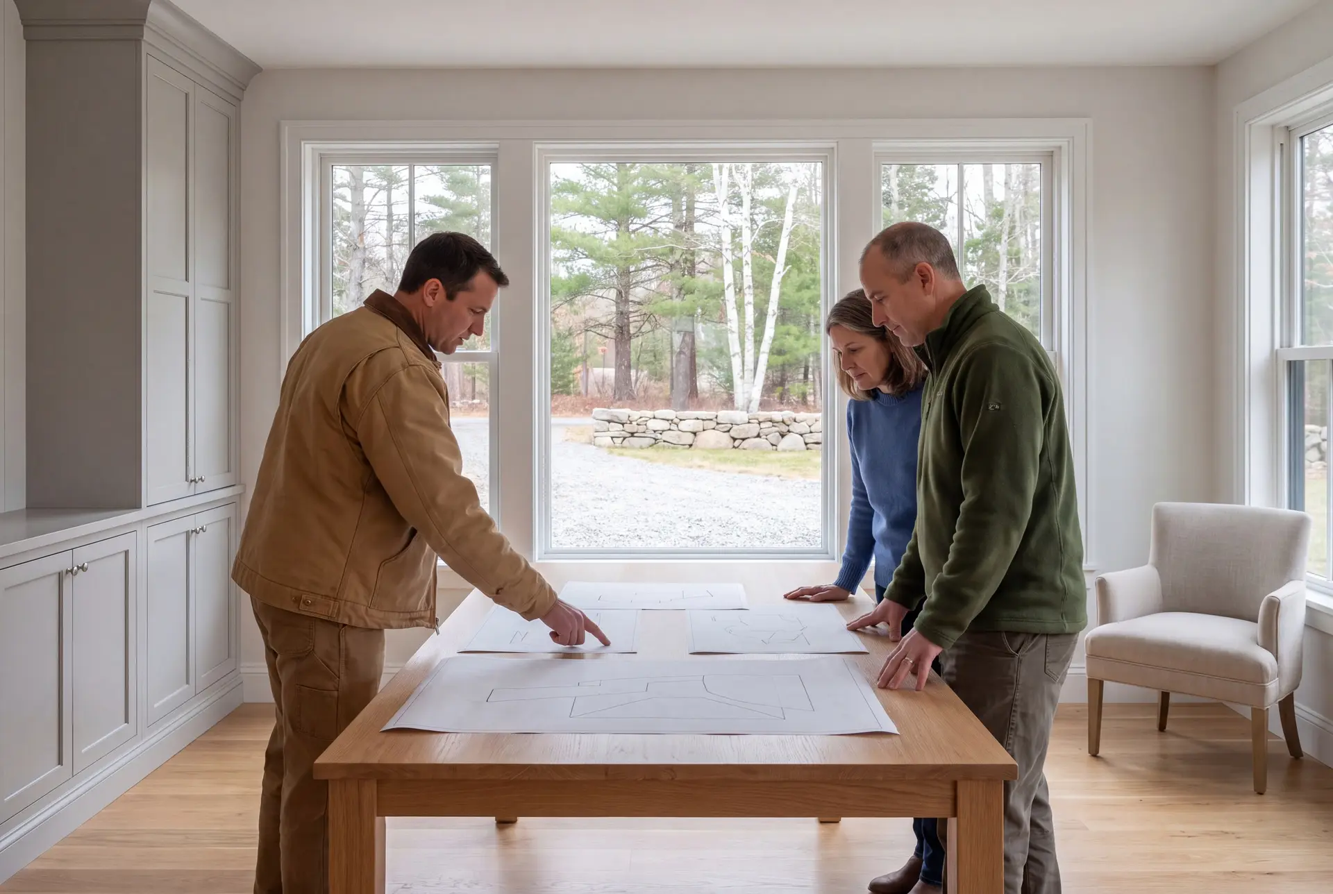 Illustration: Three adults, a builder and two homeowners, review abstract floor-plan and elevation line drawings on a plain oak table in a finished living room with gray cabinetry, white-trimmed windows, and oak floors