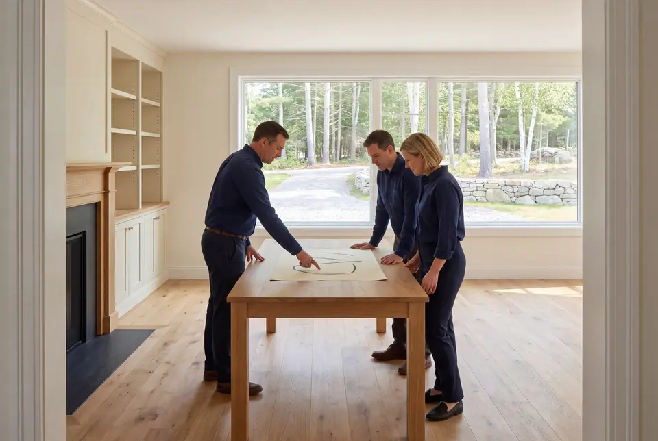 Illustration: Three people in navy shirts and dark trousers stand around a wooden table, looking at a paper with abstract lines, in a bright room with oak floors and built-in cream cabinetry