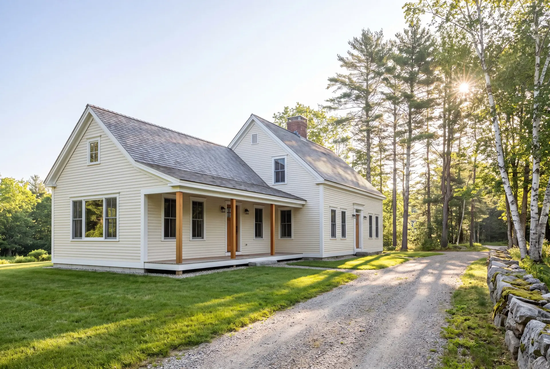 Illustration: A cream-colored clapboard house with a gray shingle roof and a covered porch, set in a grassy landscape with a gravel driveway and trees