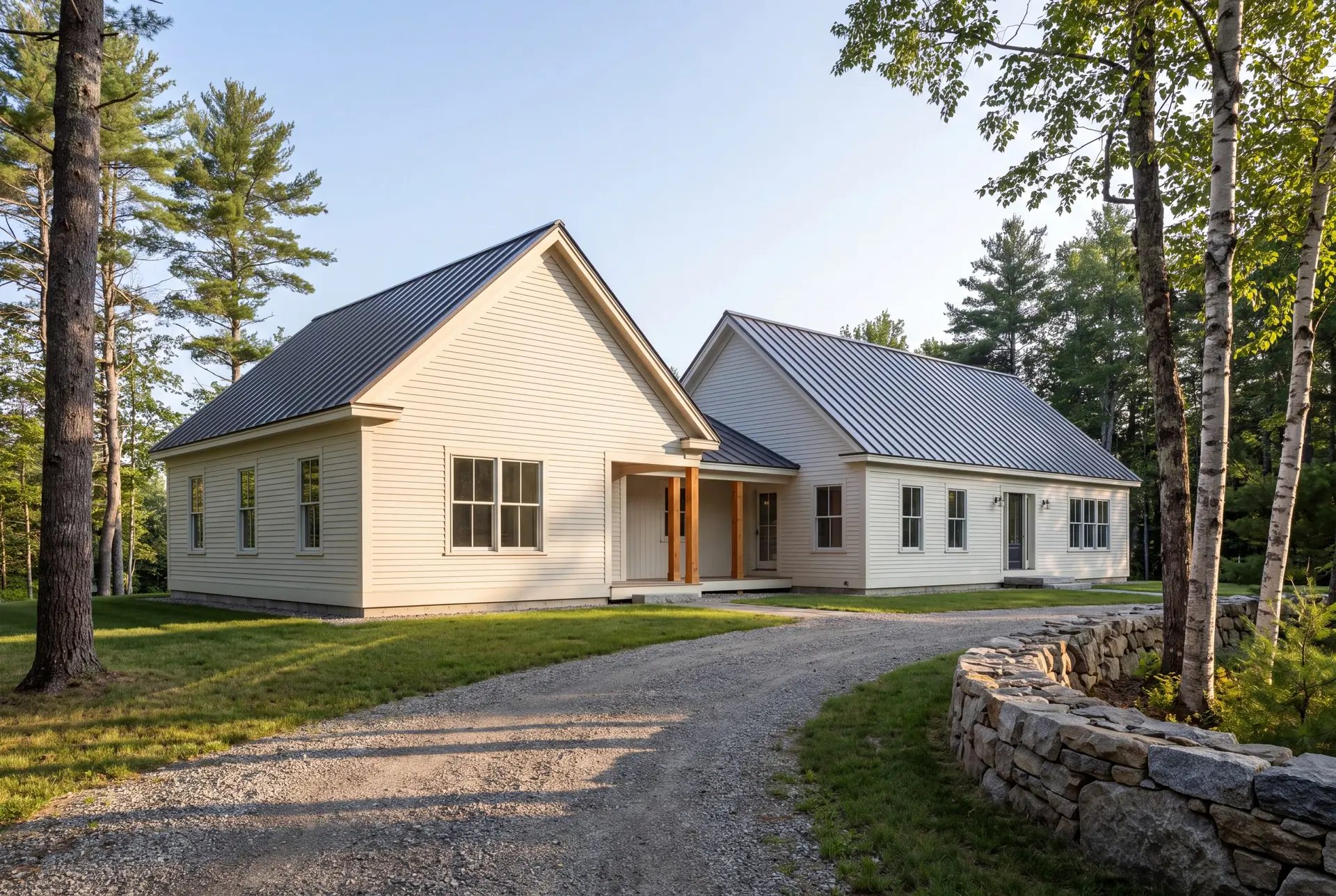 Illustration: An exterior three-quarter view of a cream-colored single-story house with a new addition, featuring matching gabled roofs and siding, surrounded by trees and a gravel driveway
