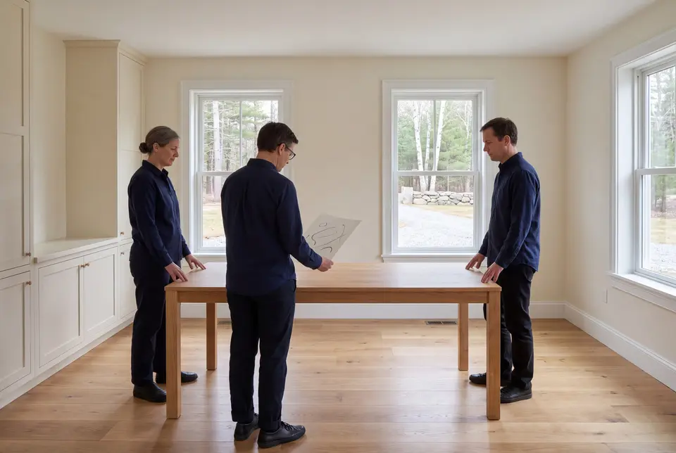 Illustration: Three people in navy shirts and dark trousers stand around a light wood table in a room with cream cabinets and oak floors, looking at a drawing