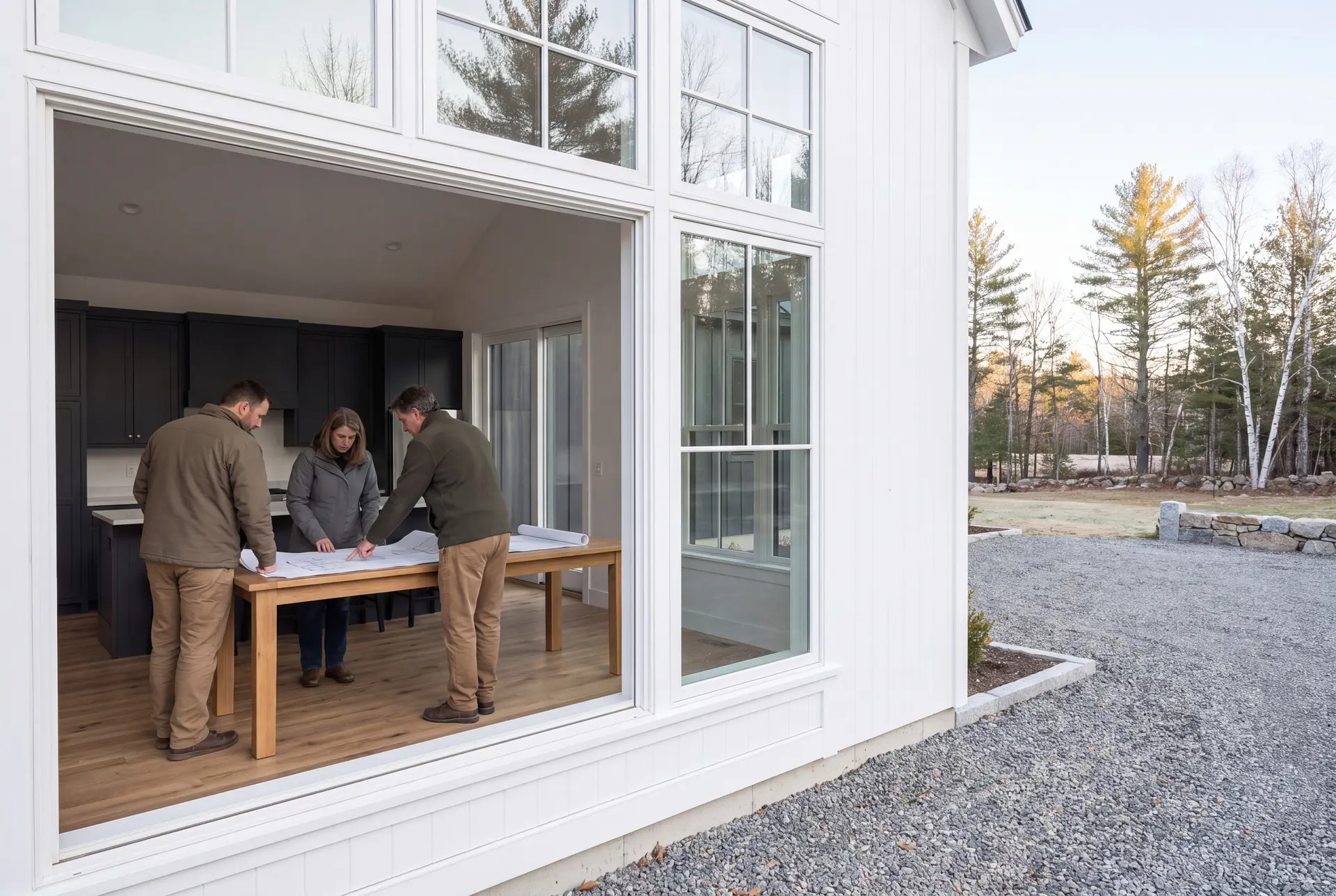Illustration: Three people, a builder and two homeowners, review architectural drawings on an oak table in a modern living room with dark cabinetry and oak floors, viewed through a large window from outside