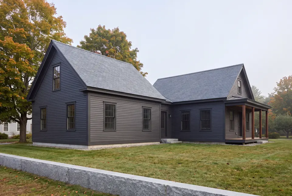 Illustration: A dark gray house with a new addition, featuring clapboard siding and a shingled roof, seen from a three-quarter exterior view with a lawn and stone wall in the foreground
