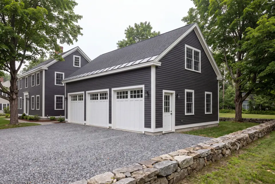 Illustration: A newly built, dark charcoal three-car garage with white doors and trim, next to a matching house, with a gravel driveway and a stone wall