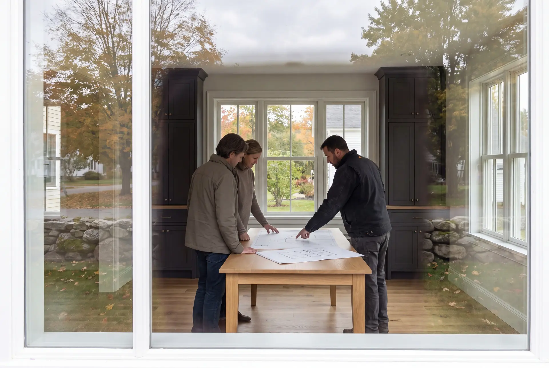 Illustration: Three people, a builder and two homeowners, reviewing blueprints on an oak table in a finished living room with dark cabinetry and white-trimmed windows