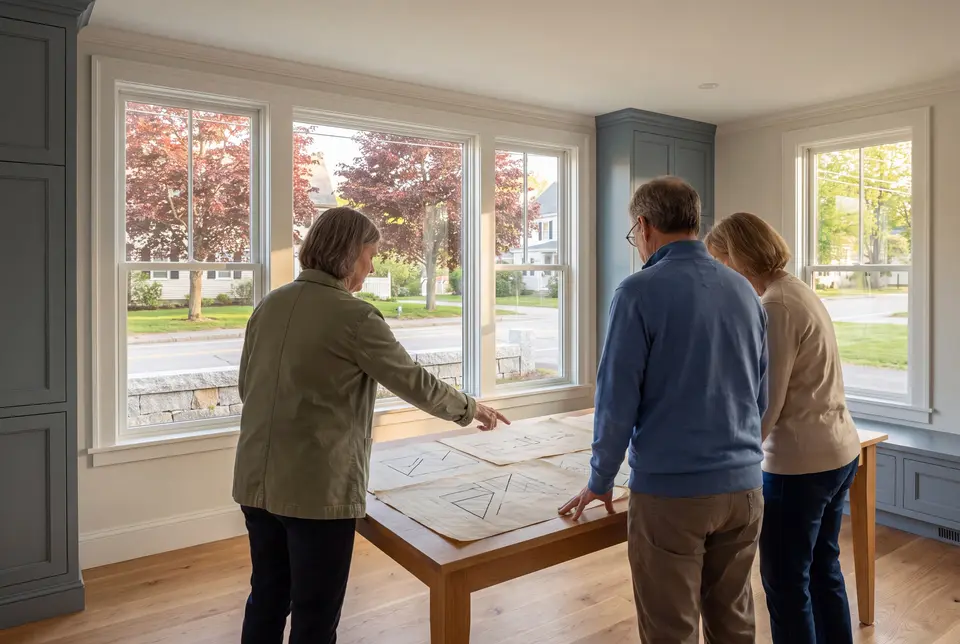 Illustration: Three adults, seen from behind, review abstract drawings on a table in a finished living room with oak floors and blue-gray cabinetry