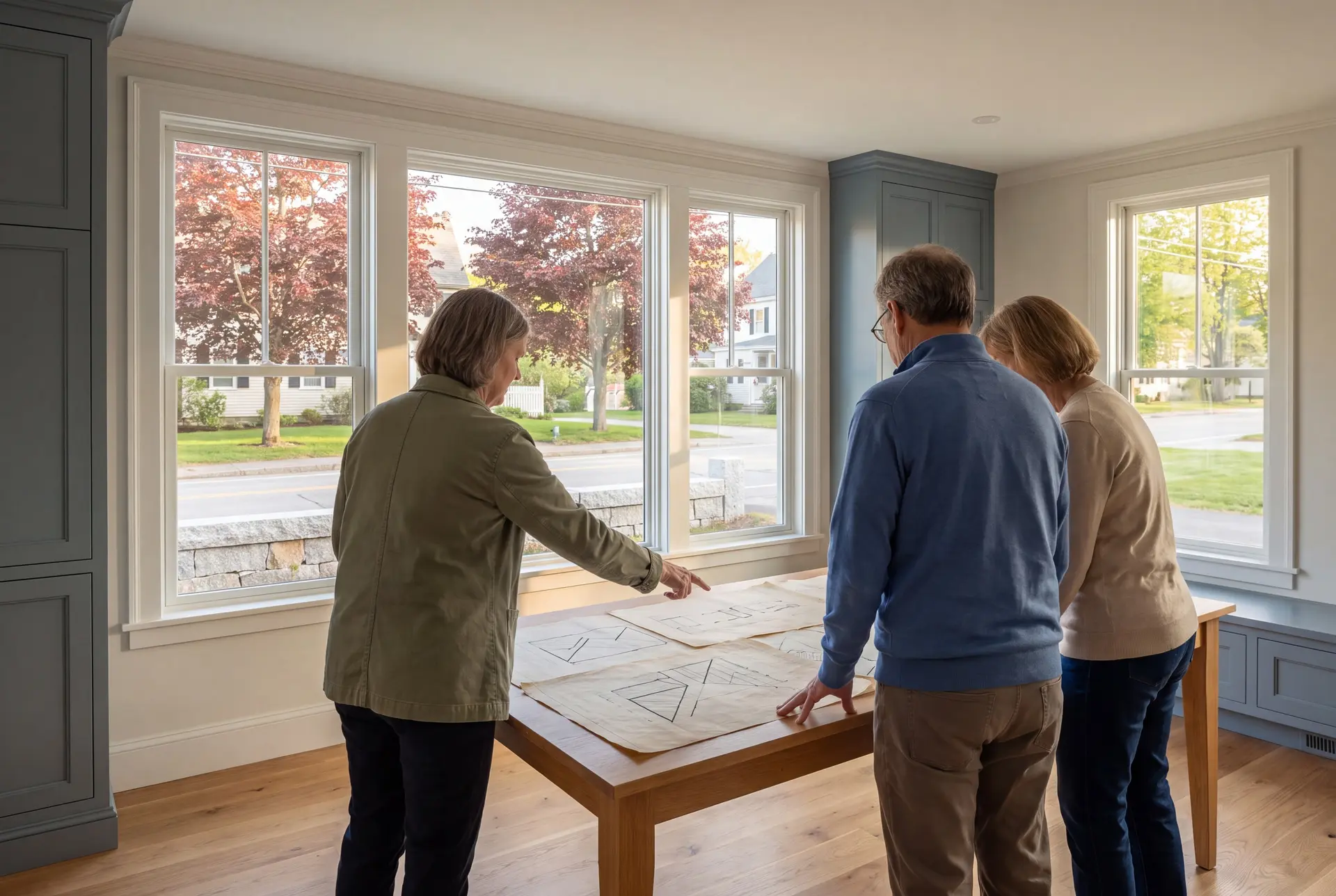 Illustration: Three adults, seen from behind, review abstract drawings on a table in a finished living room with oak floors and blue-gray cabinetry