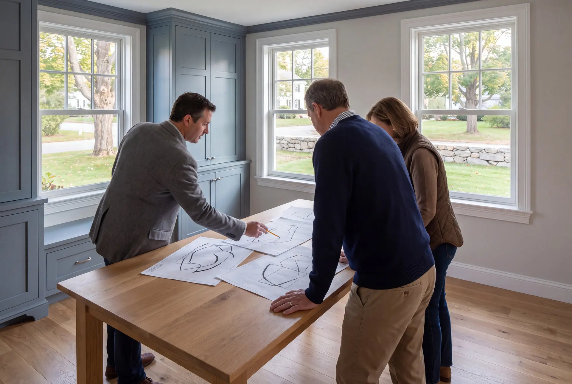 Illustration: Three adults, a builder and two homeowners, reviewing abstract floor-plan and elevation line drawings on a plain oak table in a spotless finished living room with blue-gray cabinetry and oak floors
