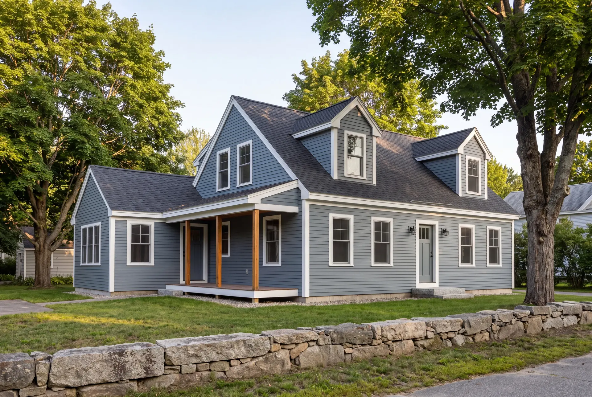 Illustration: A blue-gray Cape-style house with a new addition, white trim, and a dark roof, seen from a three-quarter exterior view, with a stone wall in the foreground
