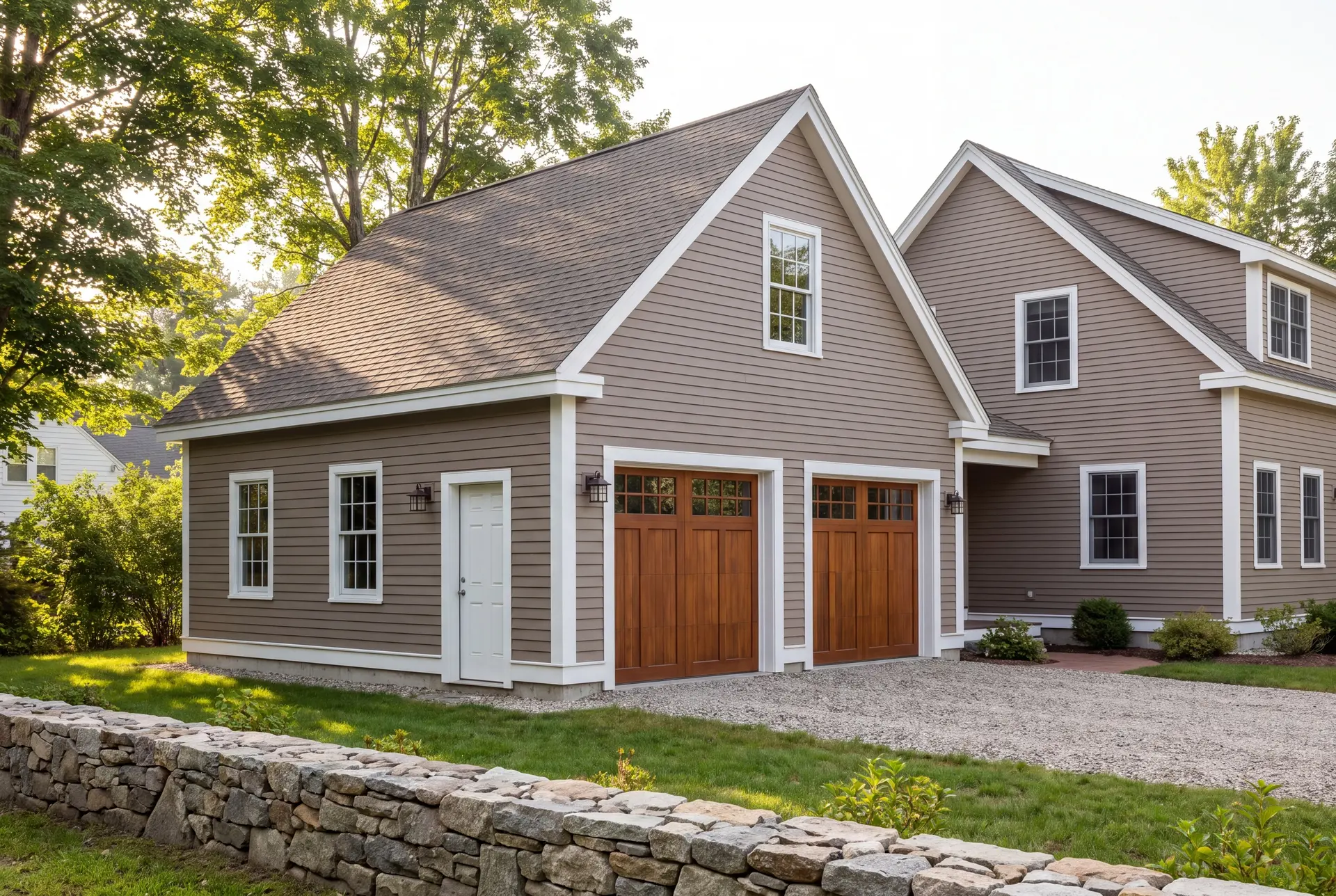Illustration: A newly built two-bay garage with warm taupe siding and wooden doors, attached to a matching house, with a gravel driveway and a stone wall in the foreground