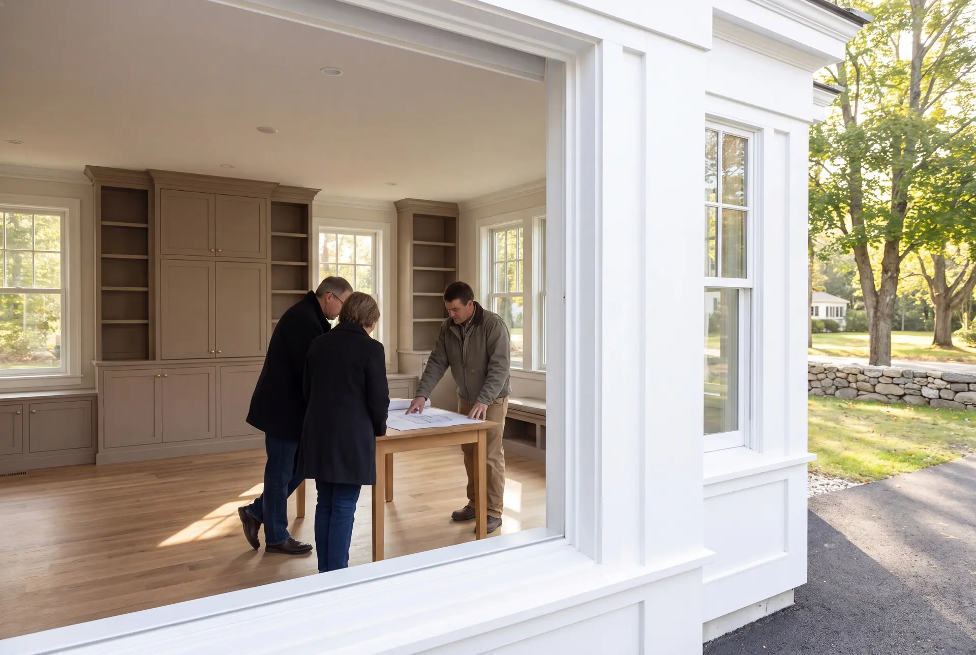 Illustration: Three people, a builder and two homeowners, review floor plans on an oak table in a finished living room with taupe cabinetry and oak floors