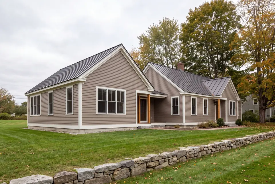 Illustration: An exterior three-quarter view of a single-story house with a new addition, both featuring warm taupe siding, white trim, and dark gray metal roofs, set on a green lawn with a stone wall