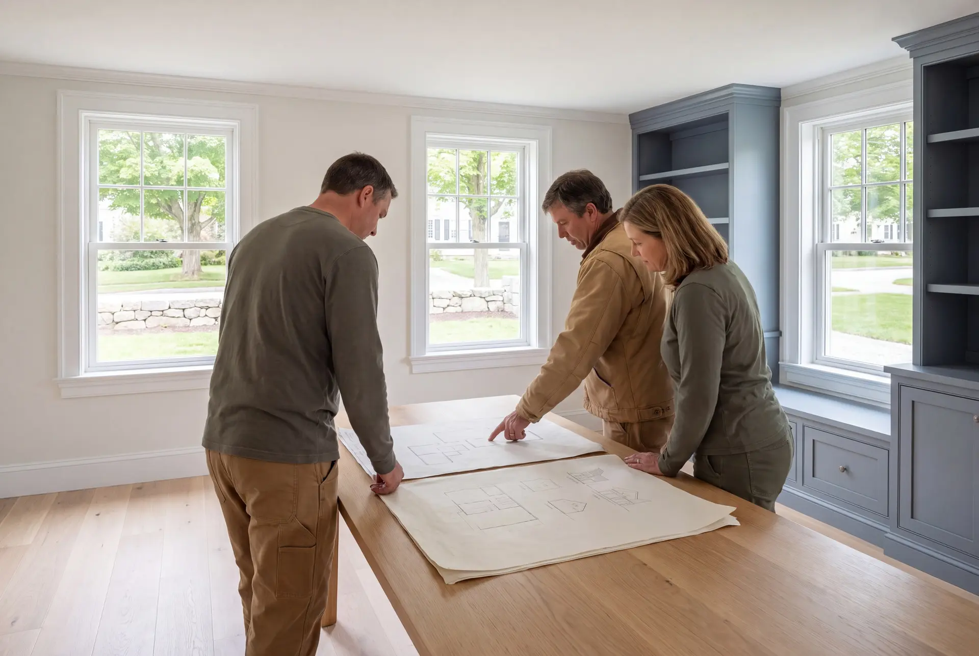 Illustration: Three people, two men and one woman, stand around a light oak table, looking at architectural drawings. The room has white walls, oak floors, and blue-gray built-in cabinets