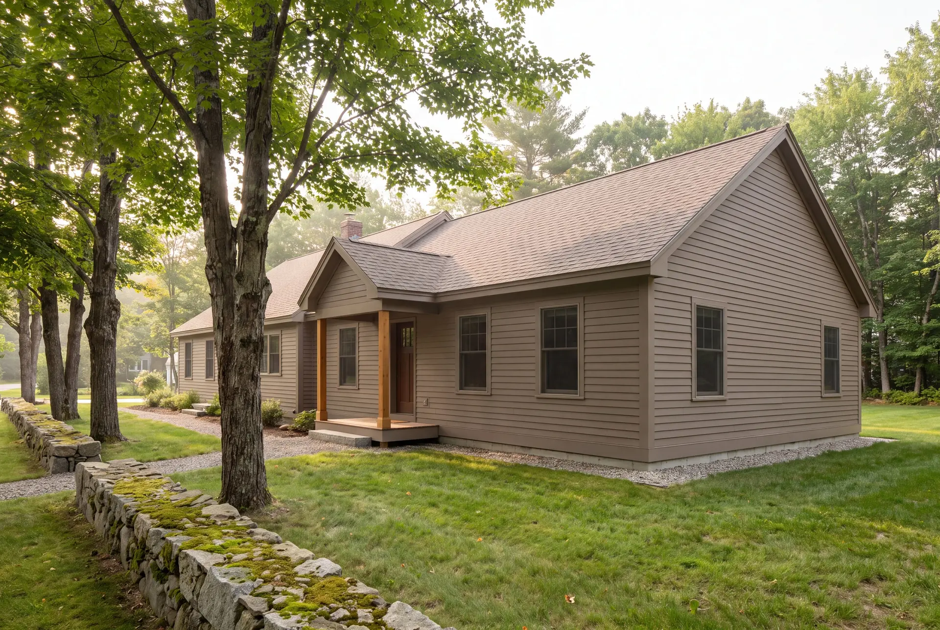 Illustration: An exterior three-quarter view of a taupe clapboard house with a new addition, surrounded by green grass, trees, and a stone wall