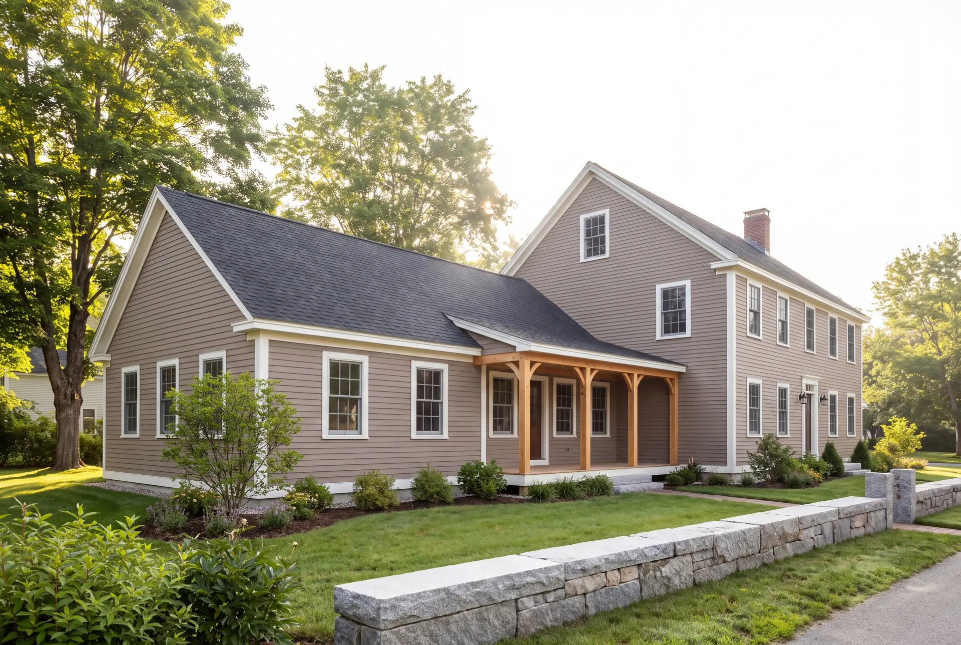 Illustration: A large taupe house with a new addition, featuring a wooden porch, surrounded by a green lawn and a stone wall