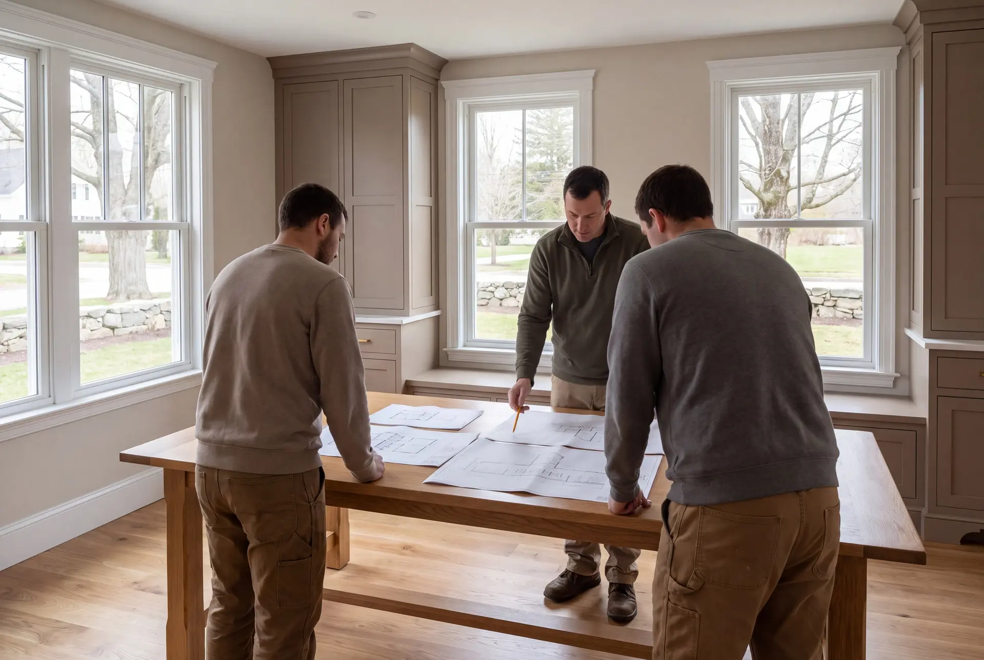 Illustration: Three men in a finished living room reviewing architectural drawings on an oak table