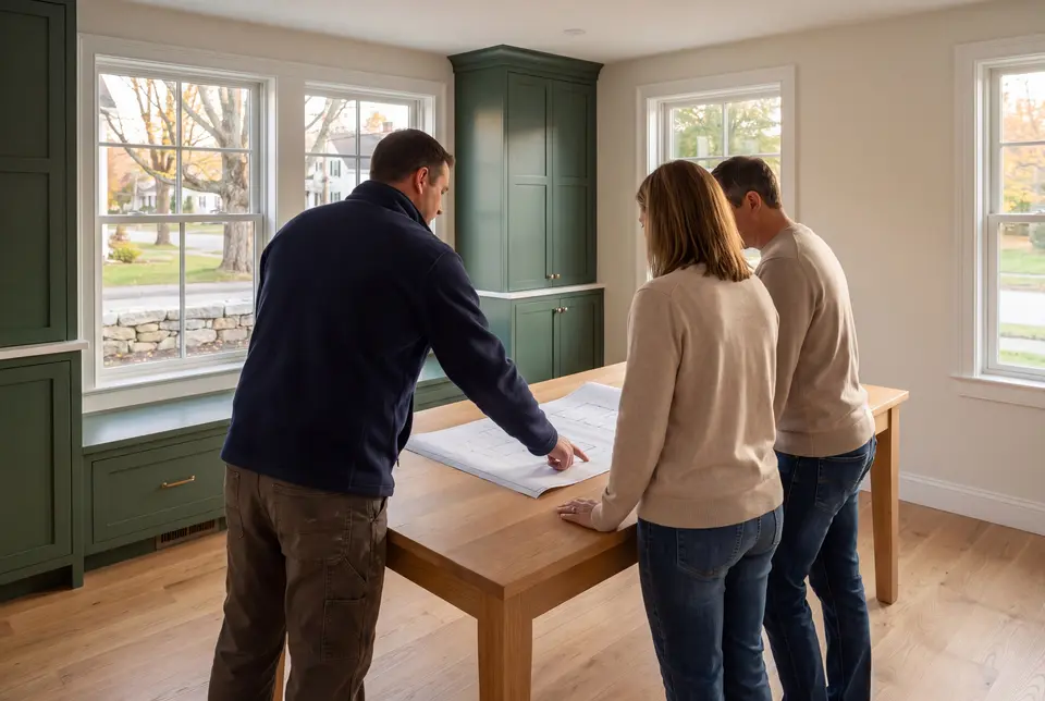 Illustration: Three people, a builder and two homeowners, review architectural drawings on an oak table in a finished living room with green cabinetry and oak floors