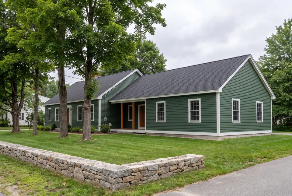 Illustration: A green single-story house with a new addition, featuring a dark roof and white trim, surrounded by green grass and trees, with a stone wall in the foreground