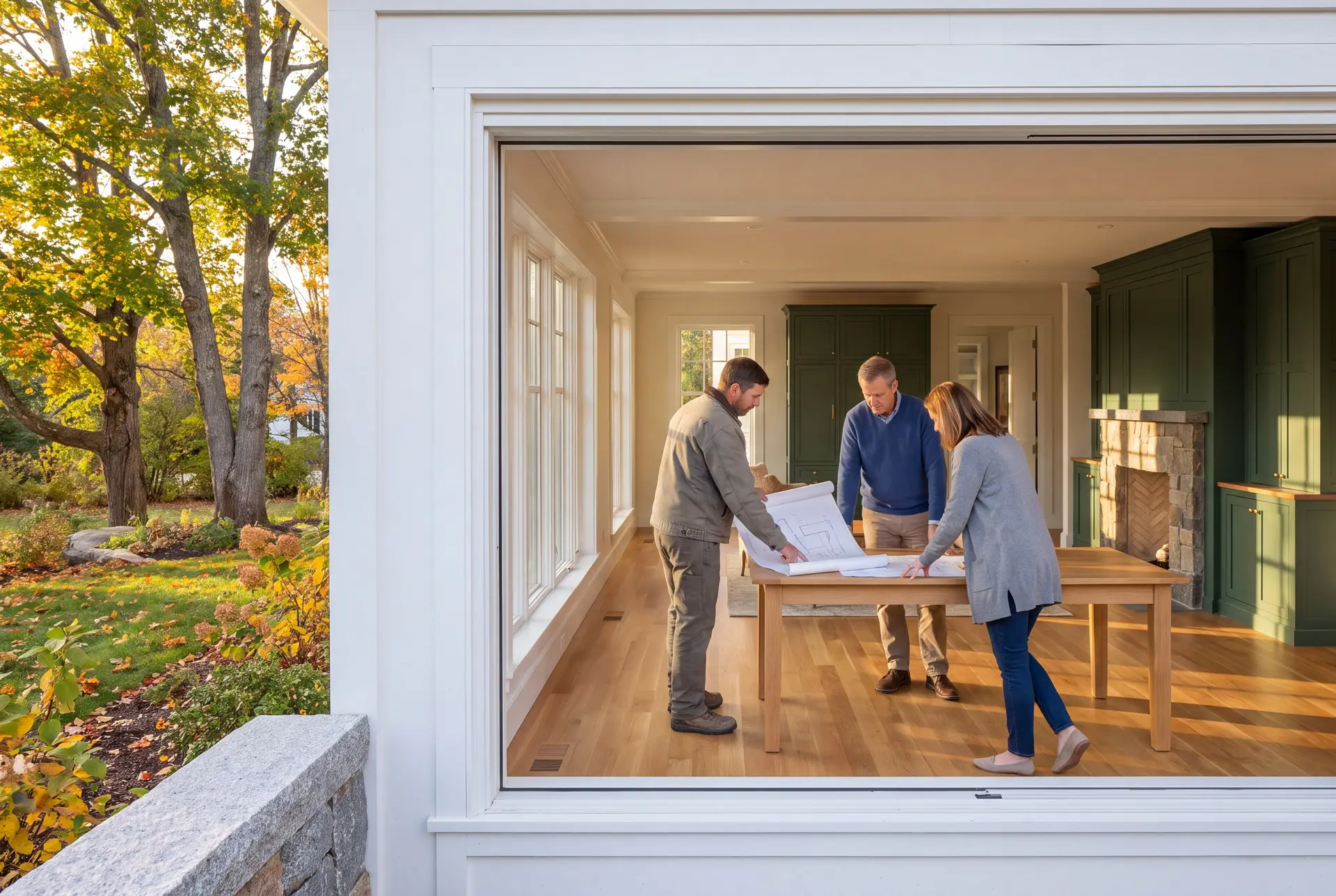 Illustration: Three adults, a builder and two homeowners, review architectural drawings on an oak table in a finished living room with green cabinetry and oak floors