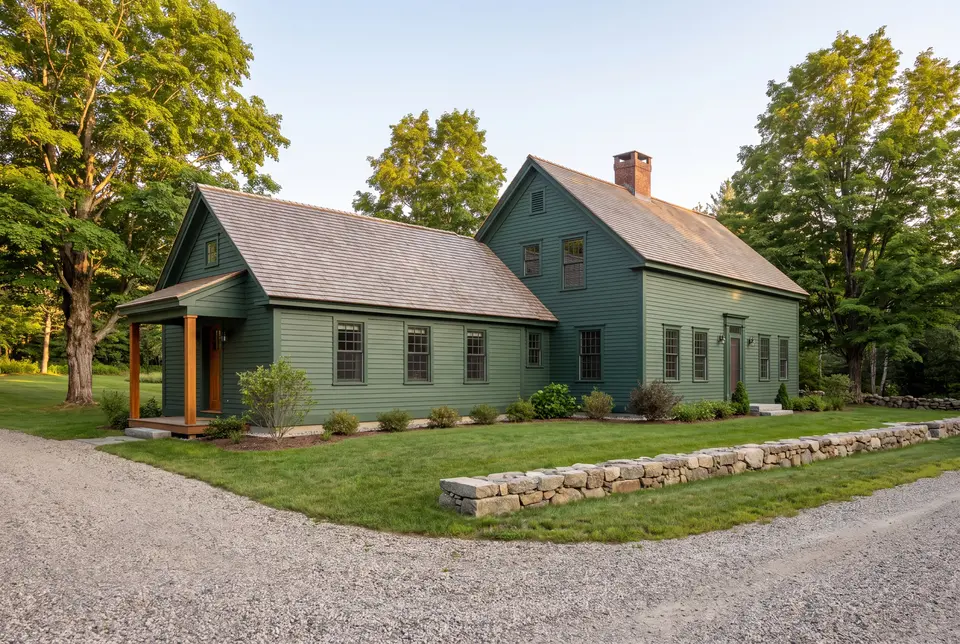 Illustration: A forest green clapboard house with a new single-story addition, featuring matching architectural details and surrounded by a green lawn and trees