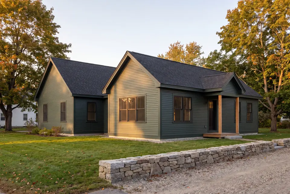 home addition builder in Gray, ME: illustrative scene, A single-story forest green house with a new addition, featuring matching siding and a covered entry with wooden posts, set on a lawn with autumn trees and a stone wall