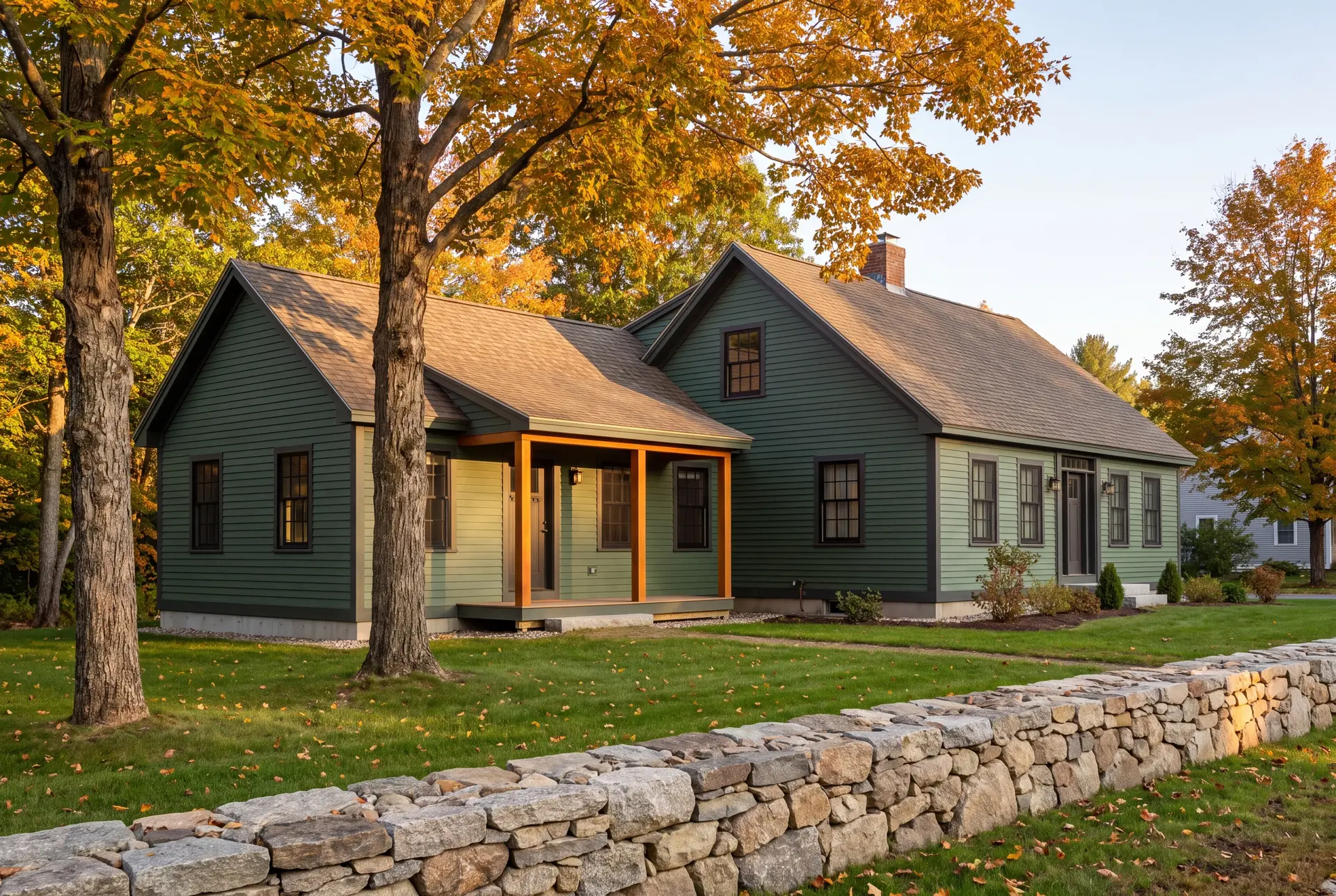 Illustration: A green clapboard house with a new addition, seen from a three-quarter exterior view, surrounded by autumn trees and a stone wall