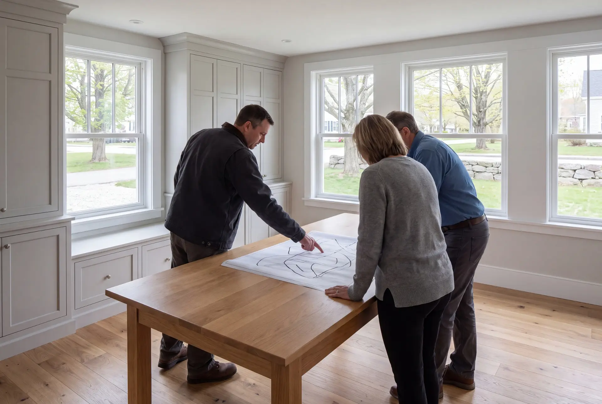 Illustration: Three adults, a builder and two homeowners, reviewing abstract floor-plan and elevation line drawings on a plain oak table in a finished living room with light stone gray cabinetry, white-trimmed windows, and new oak floors