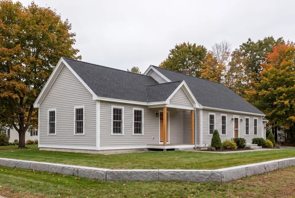 Illustration: A light gray clapboard house with a new addition, dark gray roof, and natural wood porch posts, set against a backdrop of autumn trees and a green lawn with a stone retaining wall