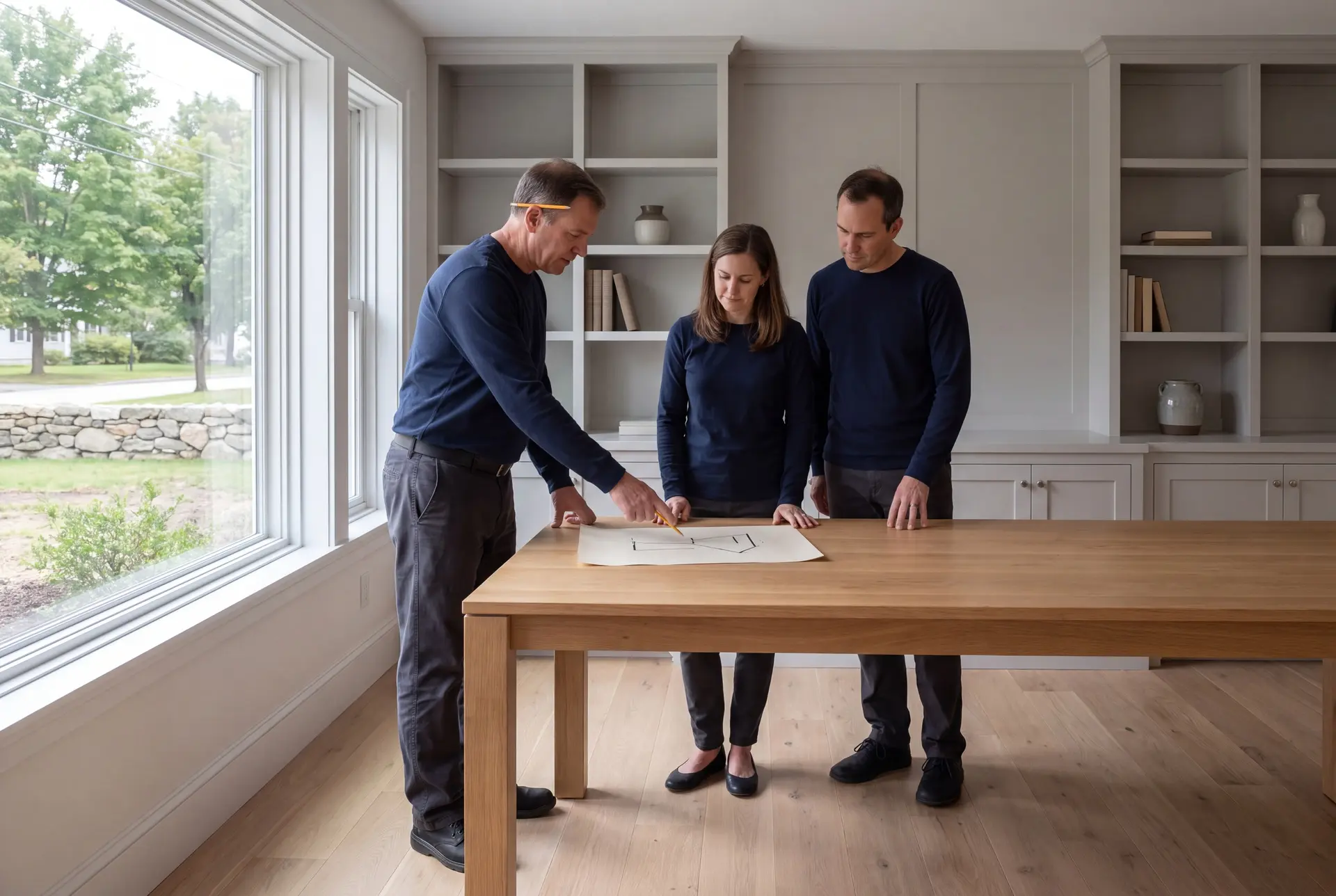 Illustration: Three people, a builder and two homeowners, stand around a light oak table in a finished living room, looking at a blueprint