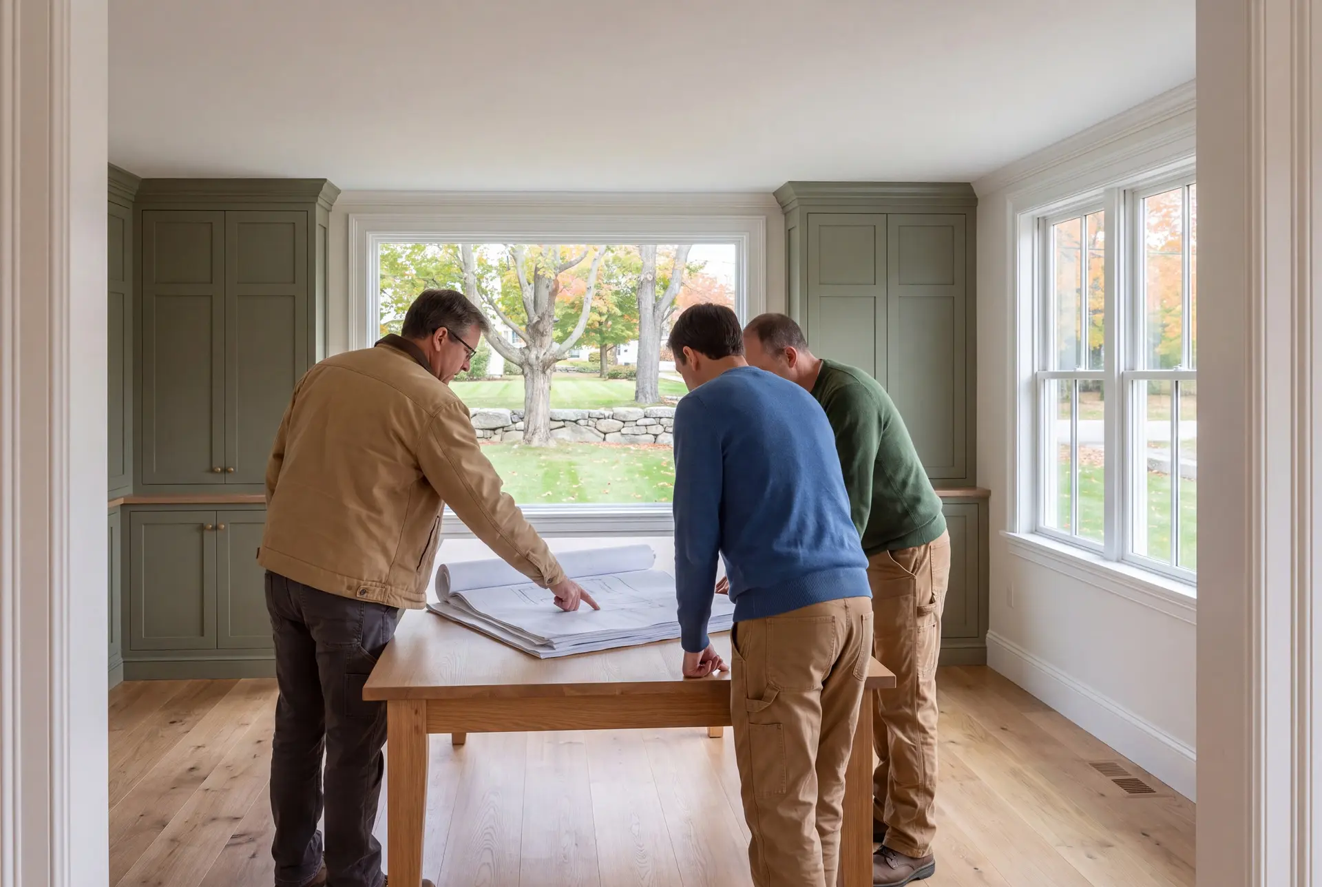Illustration: Three men, seen from behind, reviewing blueprints on an oak table in a finished living room with olive cabinetry and oak floors