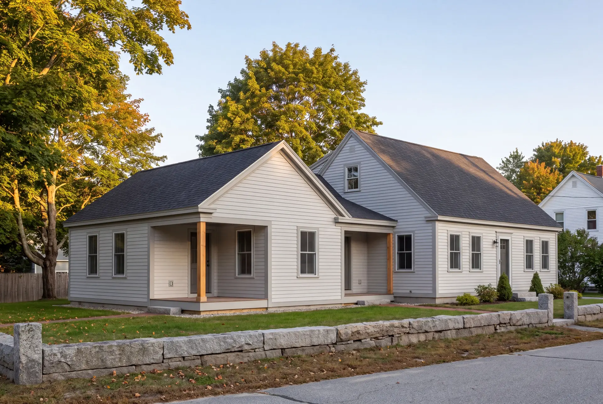 Illustration: An exterior three-quarter view of a light gray clapboard house with a new single-story addition, both with dark roofs and covered entries