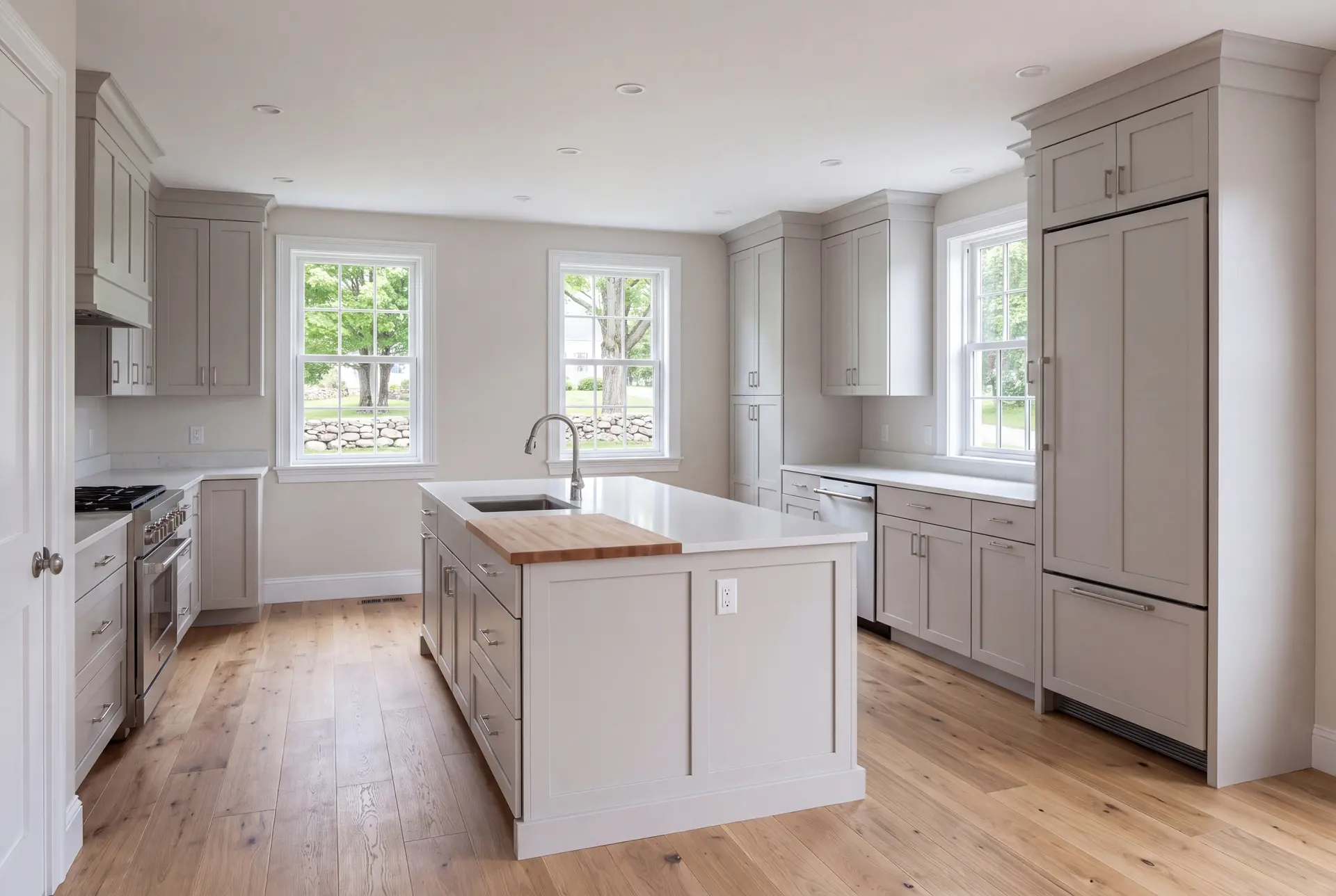Illustration: A clean, modern kitchen with light gray cabinets, a central island with a sink, and oak wood floors, viewed from a doorway