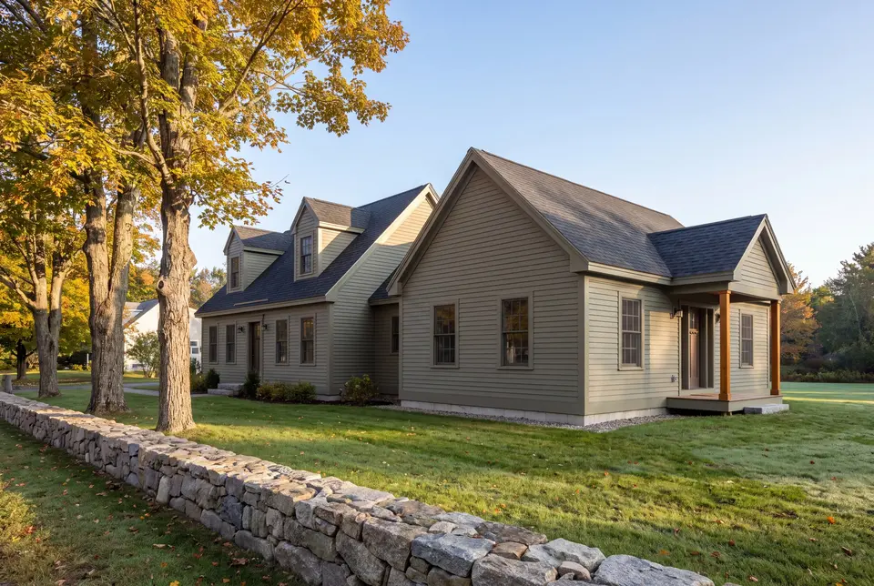 home addition builder in Kennebunk, ME: illustrative scene, A three-quarter exterior view of a dusty olive clapboard house with a new single-story addition, featuring a covered entry with wooden posts, a dark gray roof, and two dormers on the original structure. A stone wall and autumn trees are in the foreground