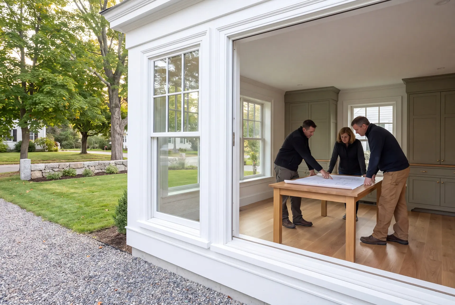 Illustration: Three adults, a builder and two homeowners, review abstract floor-plan and elevation line drawings on a plain oak table in a finished living room with dusty olive cabinetry and oak floors