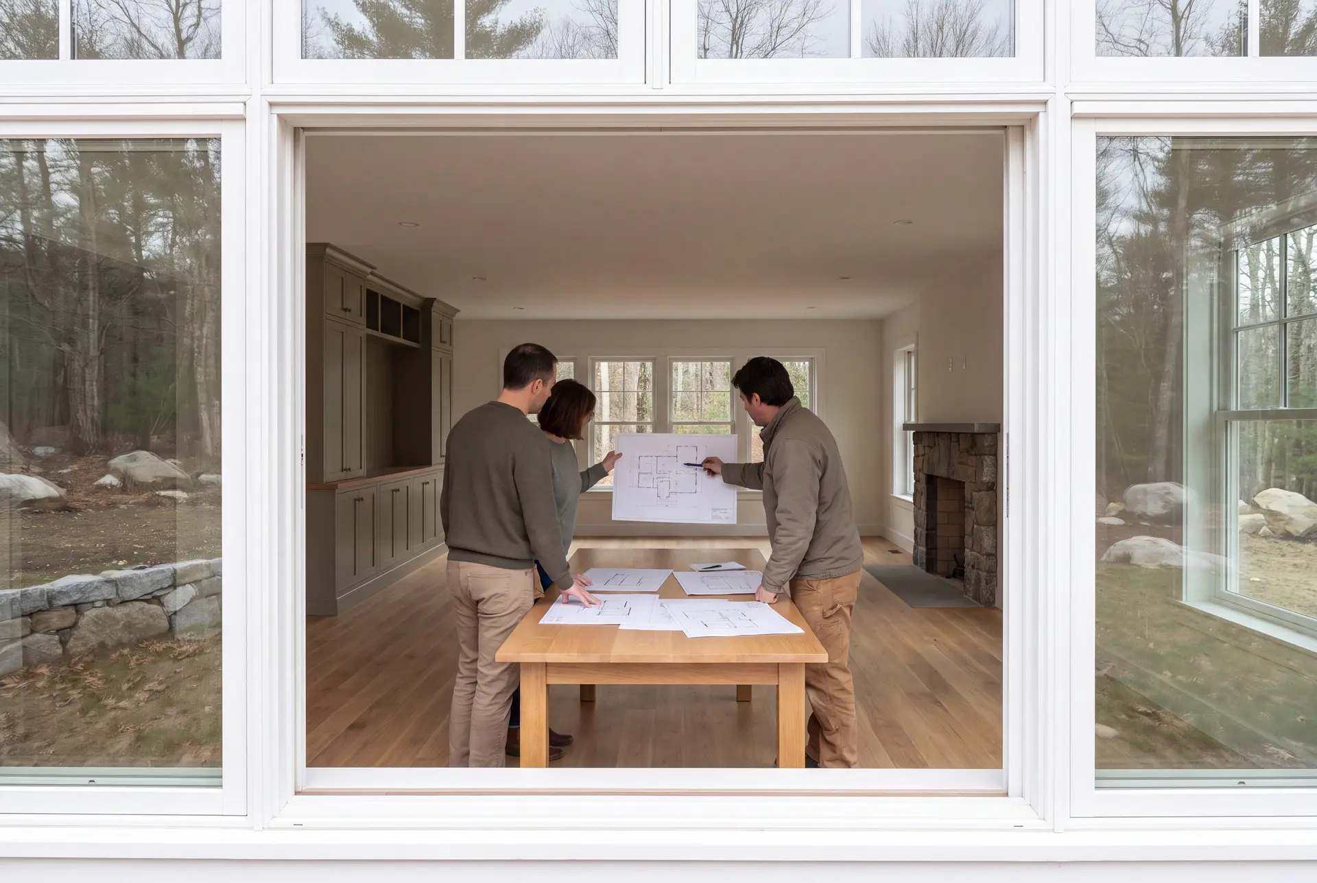 Illustration: Three people, seen from behind, review architectural drawings on a table in a finished living room with oak floors and olive cabinetry