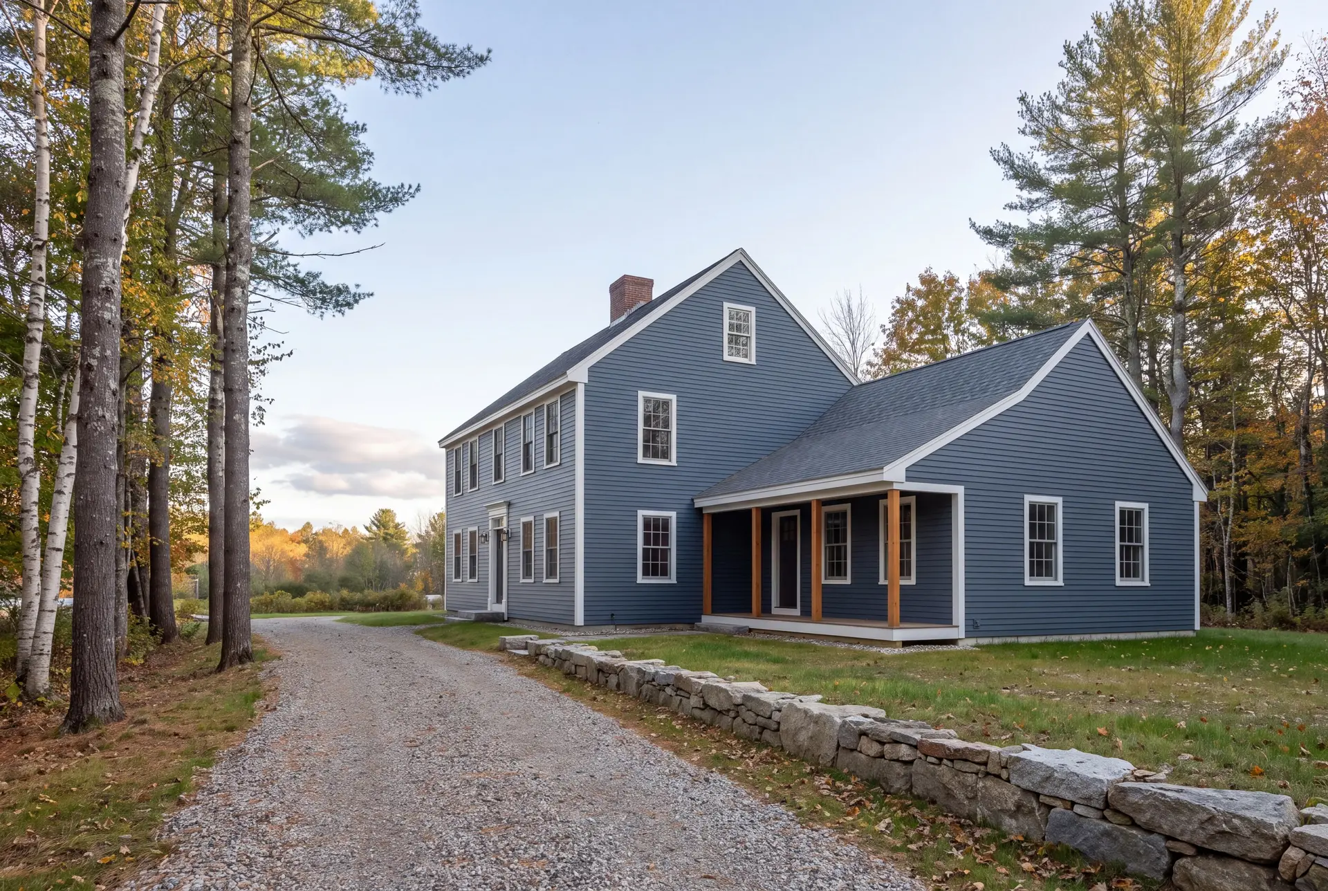 Illustration: A blue clapboard house with a covered porch and a gravel driveway, surrounded by trees with autumn leaves