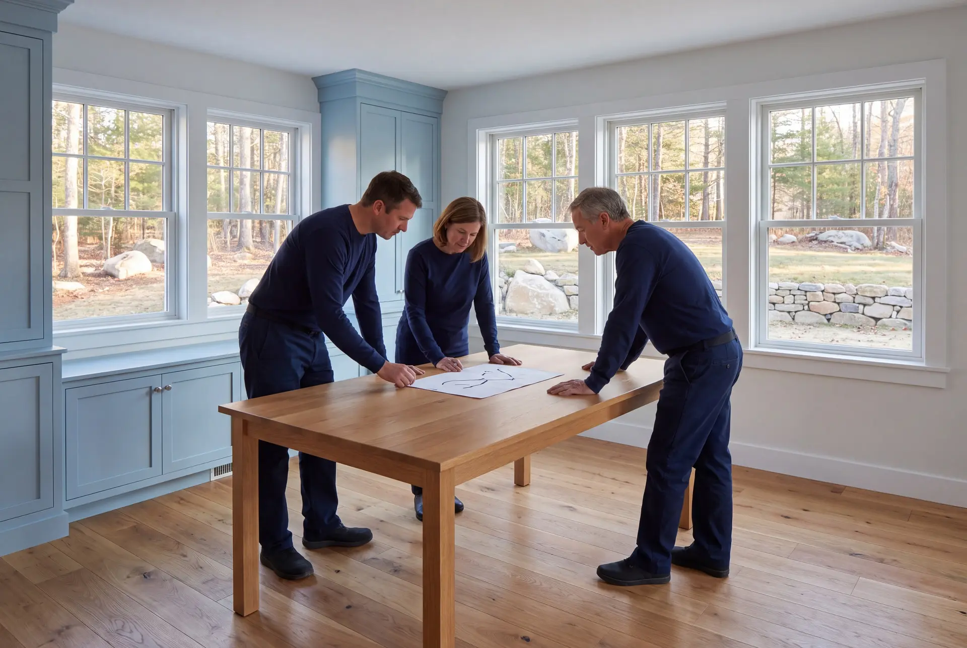 Illustration: Three people in navy shirts and dark trousers stand around a light oak table, looking at a sheet of paper with abstract lines. The room has light blue cabinets, oak floors, and multiple windows showing a natural outdoor scene