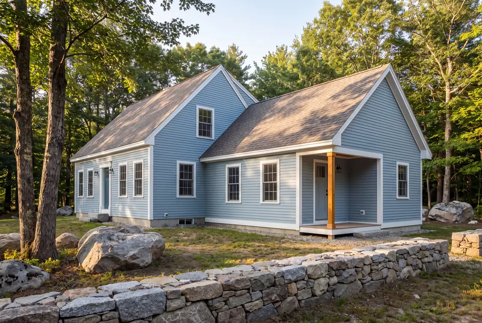 Illustration: A light blue clapboard farmhouse with a new addition and covered porch, surrounded by trees, grass, and large rocks, with a stone wall in the foreground