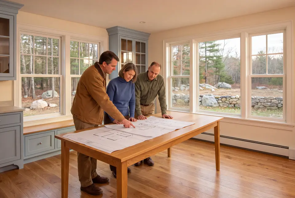 Illustration: Three people, a builder and two homeowners, review architectural drawings on a wooden table in a bright living room with large windows and light blue cabinetry