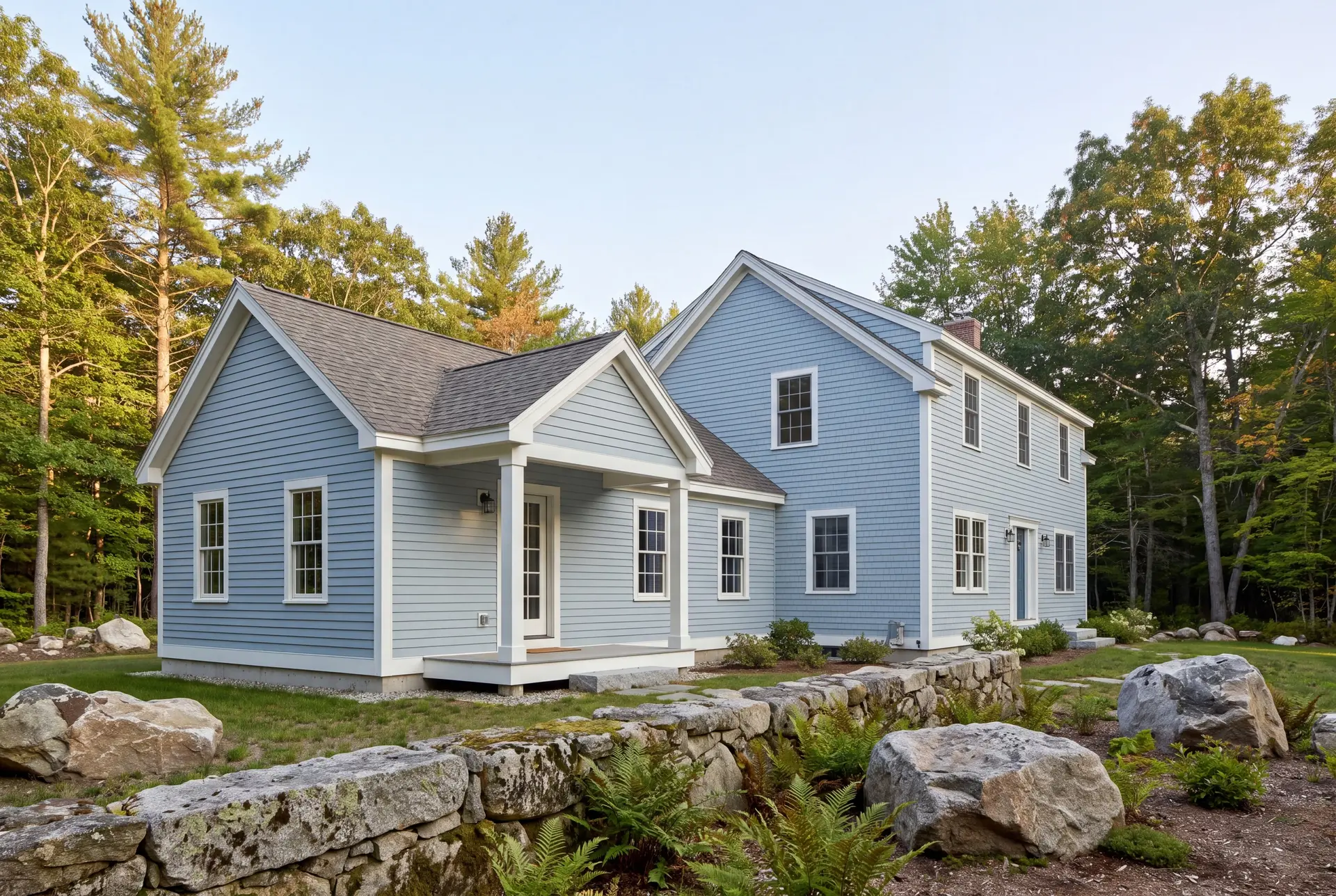Illustration: An exterior three-quarter view of a light blue house with a single-story addition, surrounded by trees and a stone wall